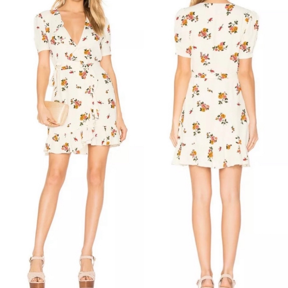 Privacy Please Revolve June Floral Print Ruffle Wrap Mini Dress | XS